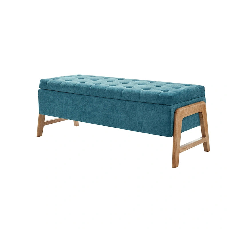 Mid-Century Modern Upholstered Storage Bench with Tufted Seat and Solid Wood Legs