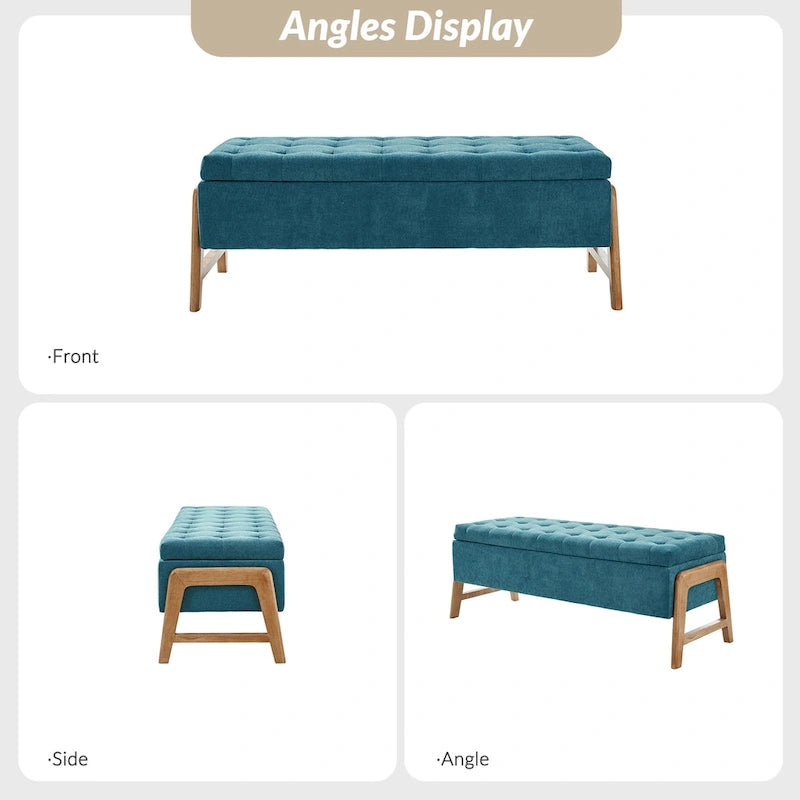 Mid-Century Modern Upholstered Storage Bench with Tufted Seat and Solid Wood Legs