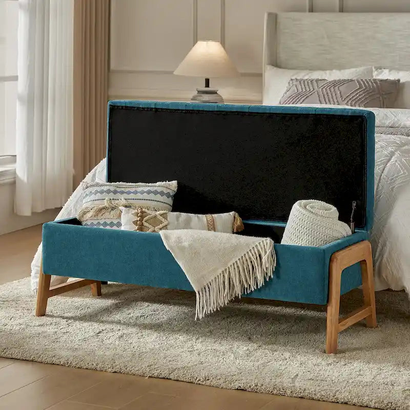 Mid-Century Modern Upholstered Storage Bench with Tufted Seat and Solid Wood Legs