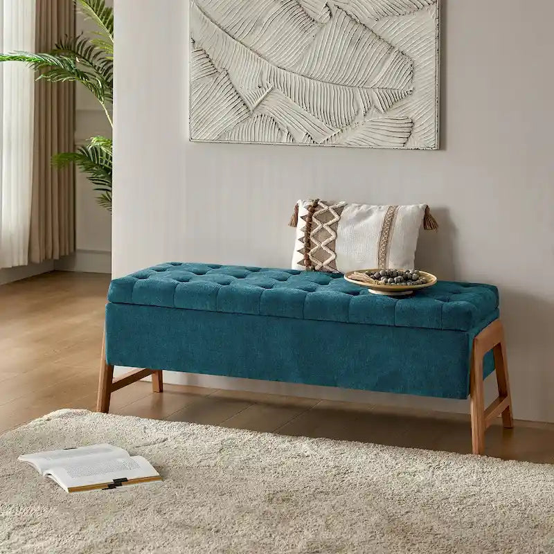 Mid-Century Modern Upholstered Storage Bench with Tufted Seat and Solid Wood Legs