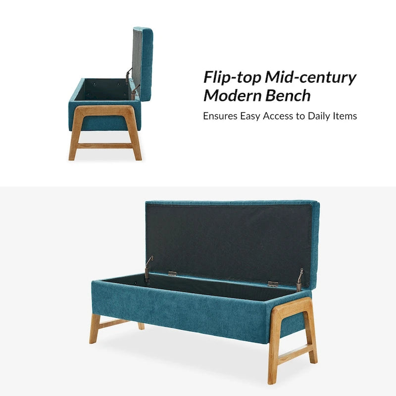 Mid-Century Modern Upholstered Storage Bench with Tufted Seat and Solid Wood Legs