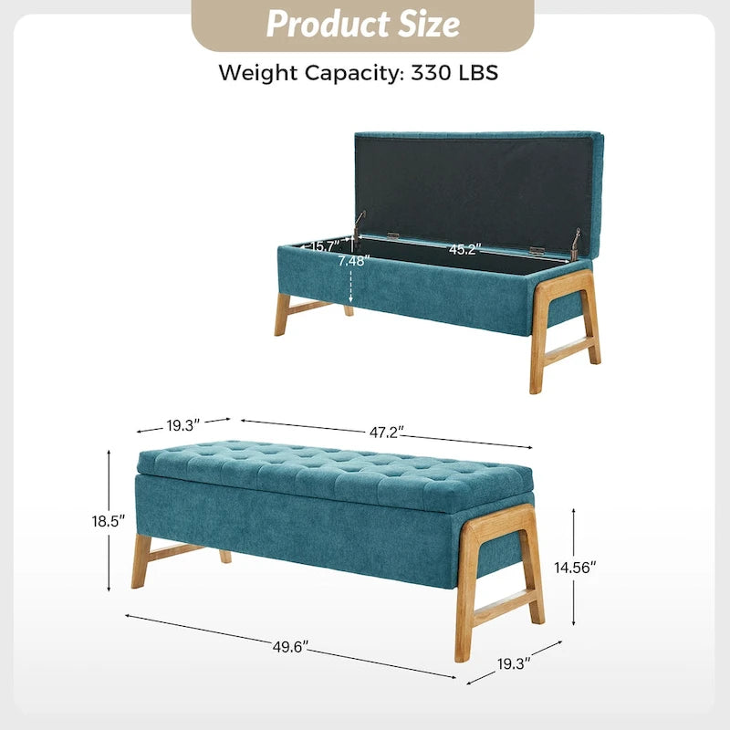Mid-Century Modern Upholstered Storage Bench with Tufted Seat and Solid Wood Legs