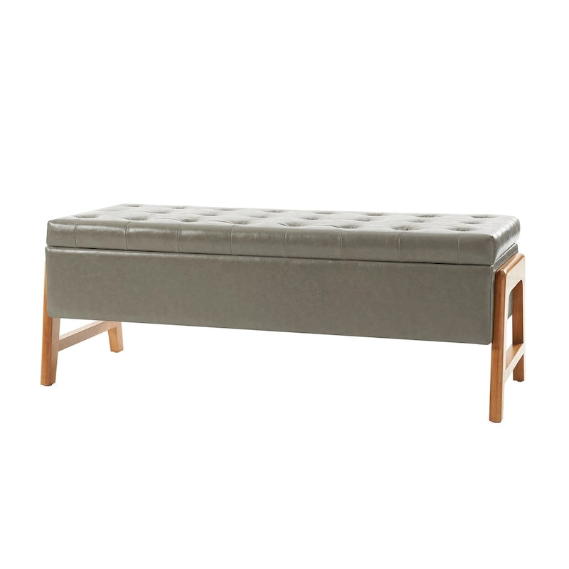 Mid-Century Modern Upholstered Storage Bench with Tufted Seat and Solid Wood Legs