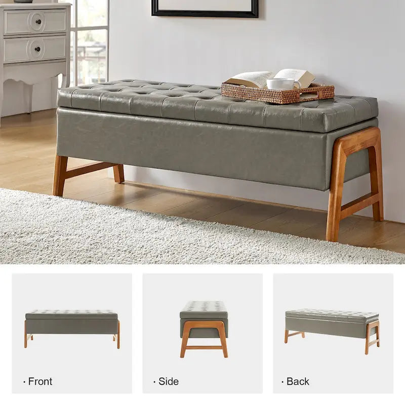 Mid-Century Modern Upholstered Storage Bench with Tufted Seat and Solid Wood Legs