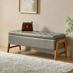 Mid-Century Modern Upholstered Storage Bench with Tufted Seat and Solid Wood Legs