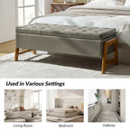 Mid-Century Modern Upholstered Storage Bench with Tufted Seat and Solid Wood Legs