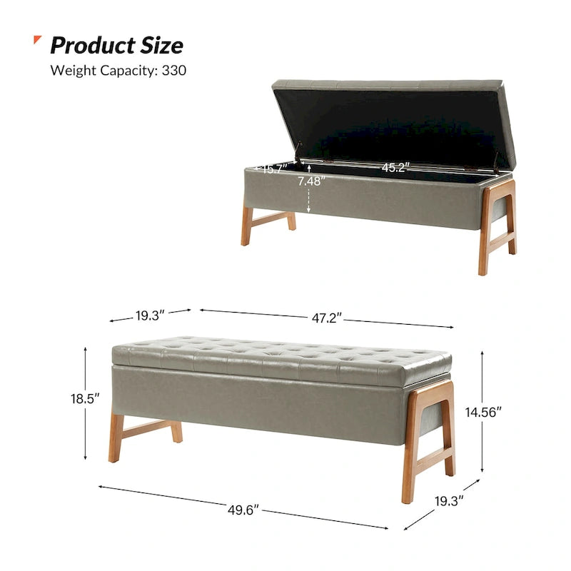 Mid-Century Modern Upholstered Storage Bench with Tufted Seat and Solid Wood Legs