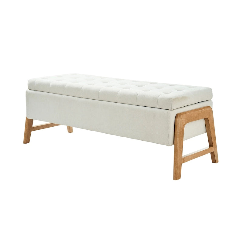 Mid-Century Modern Upholstered Storage Bench with Tufted Seat and Solid Wood Legs