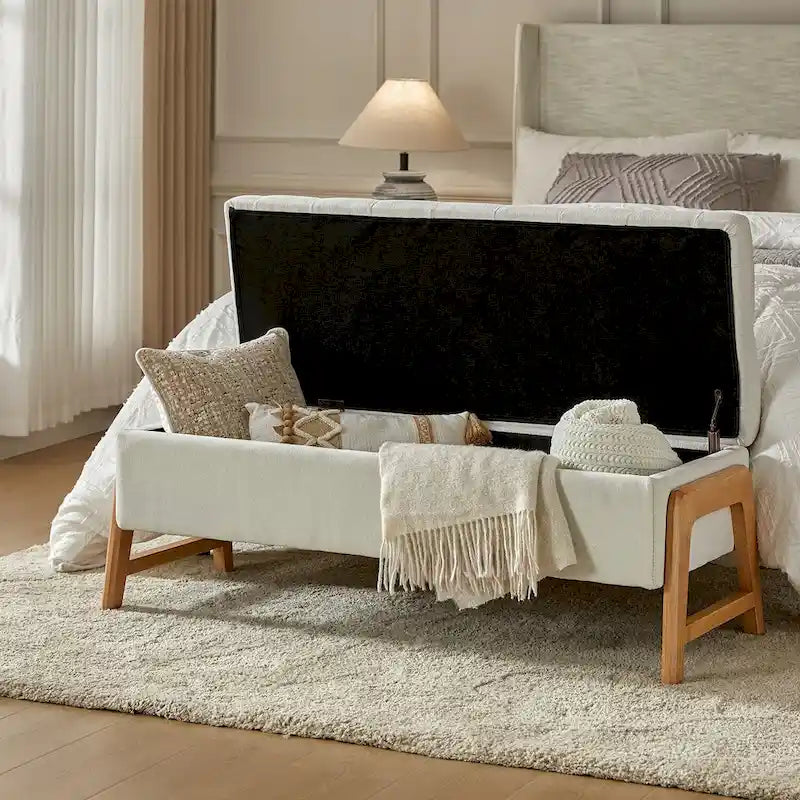Mid-Century Modern Upholstered Storage Bench with Tufted Seat and Solid Wood Legs