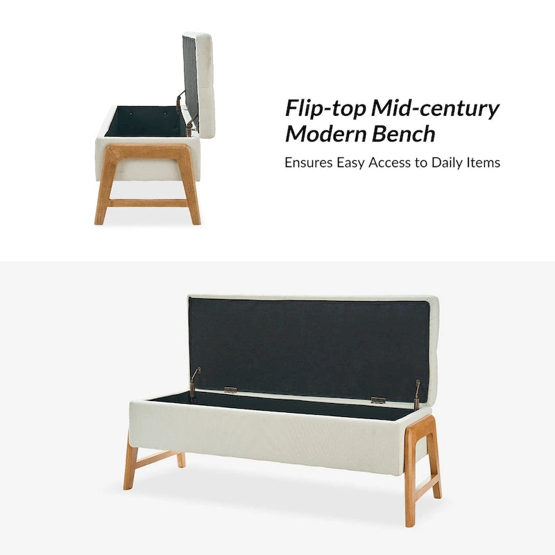 Mid-Century Modern Upholstered Storage Bench with Tufted Seat and Solid Wood Legs