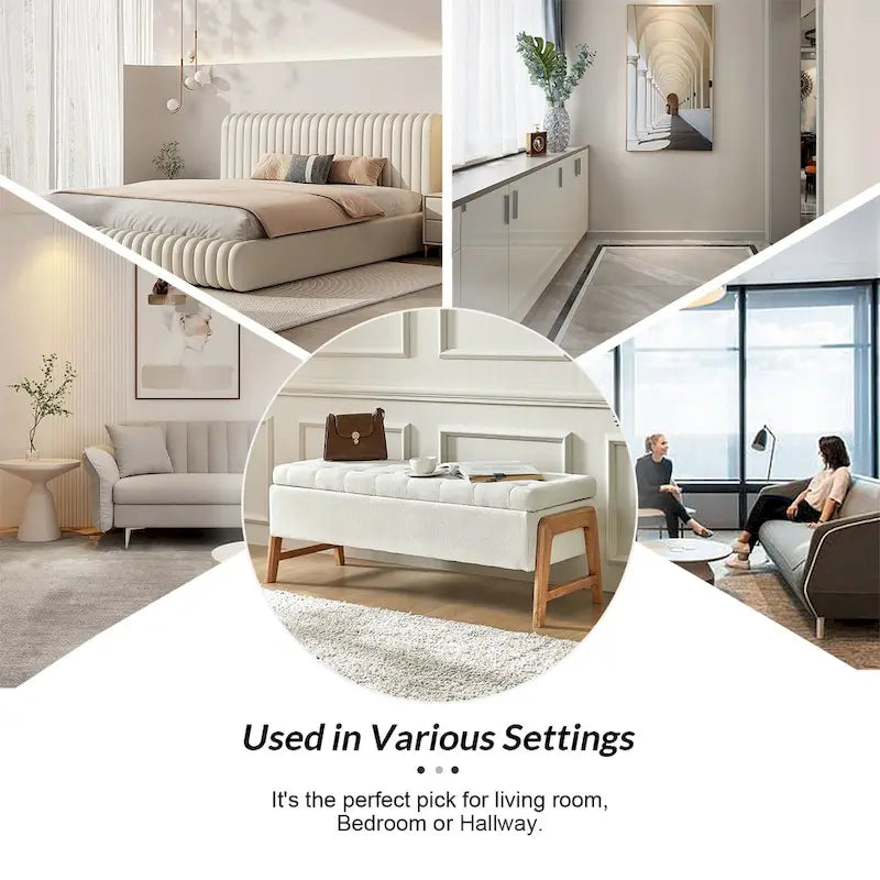 Mid-Century Modern Upholstered Storage Bench with Tufted Seat and Solid Wood Legs