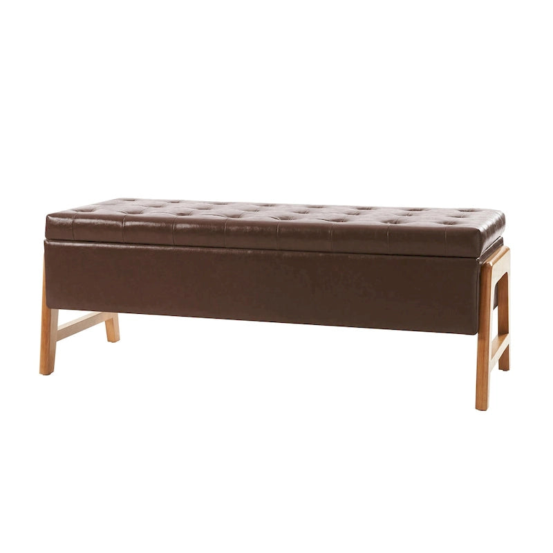 Mid-Century Modern Upholstered Storage Bench with Tufted Seat and Solid Wood Legs