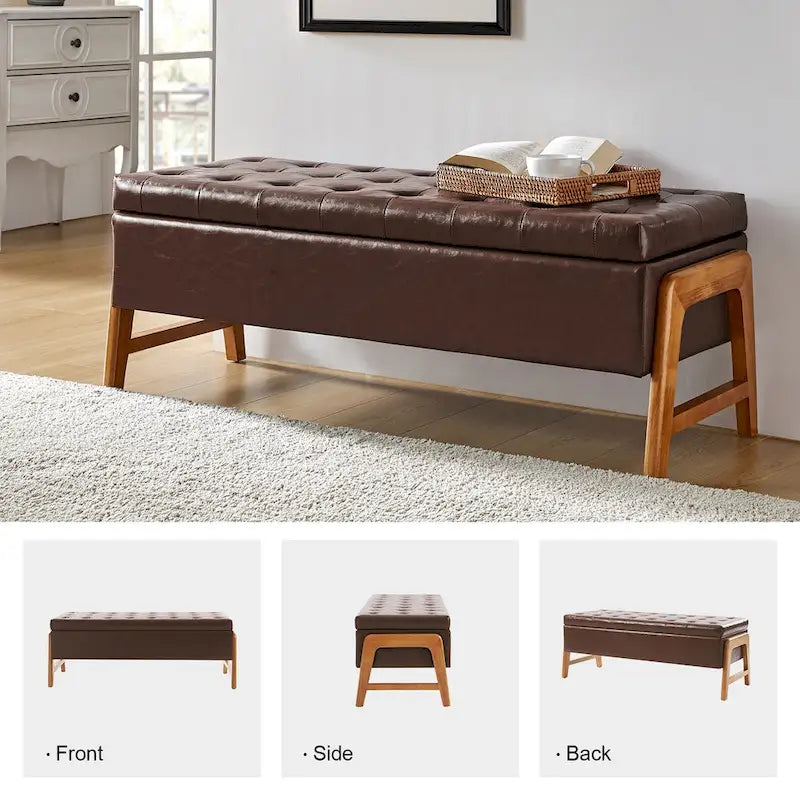 Mid-Century Modern Upholstered Storage Bench with Tufted Seat and Solid Wood Legs