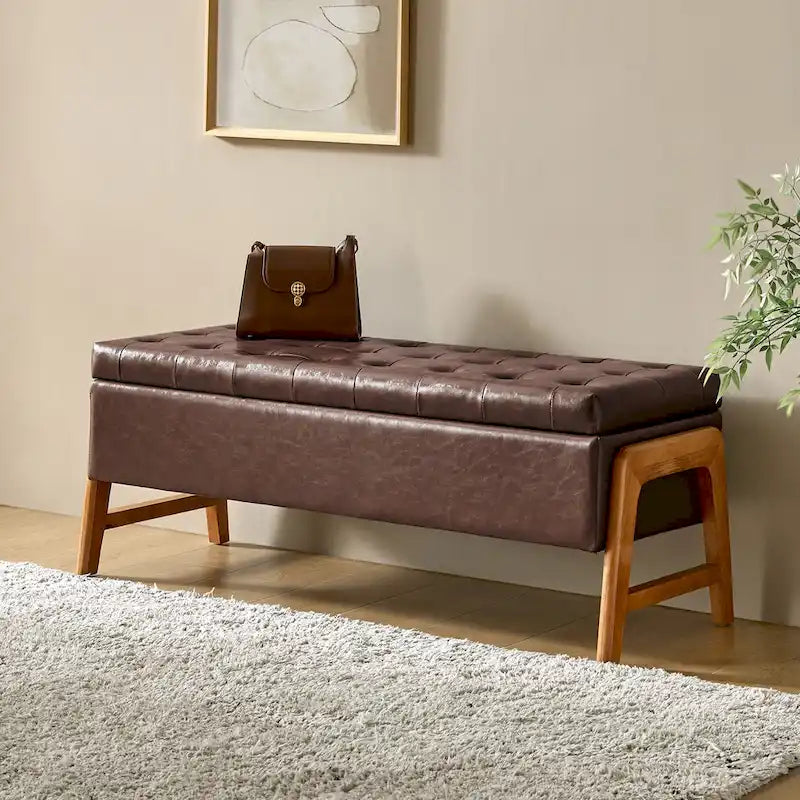 Mid-Century Modern Upholstered Storage Bench with Tufted Seat and Solid Wood Legs