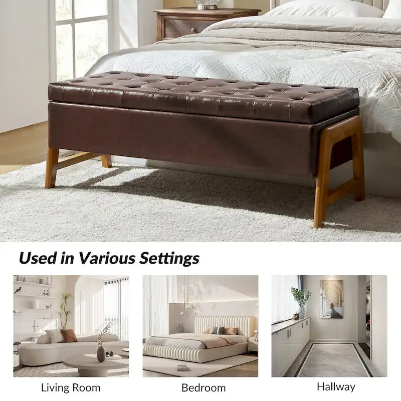 Mid-Century Modern Upholstered Storage Bench with Tufted Seat and Solid Wood Legs