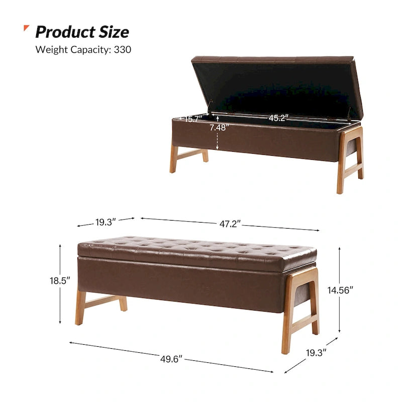 Mid-Century Modern Upholstered Storage Bench with Tufted Seat and Solid Wood Legs