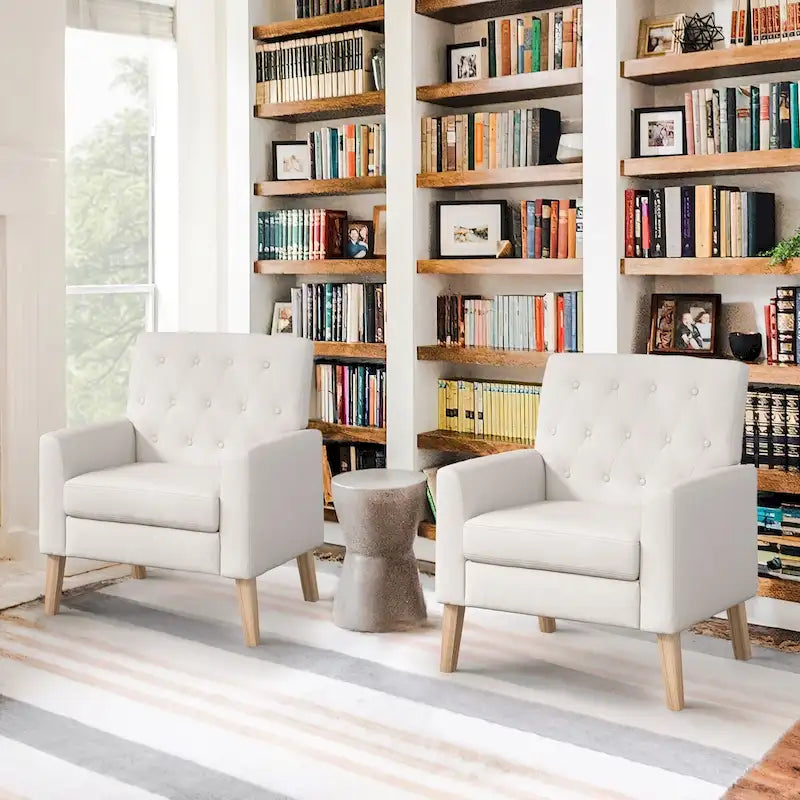 Modern Upholstered Accent Chair Linen Fabric Button Tufted Armchair with Solid Wood Frame - 28.5 W X 27.25 D X 33.75 H