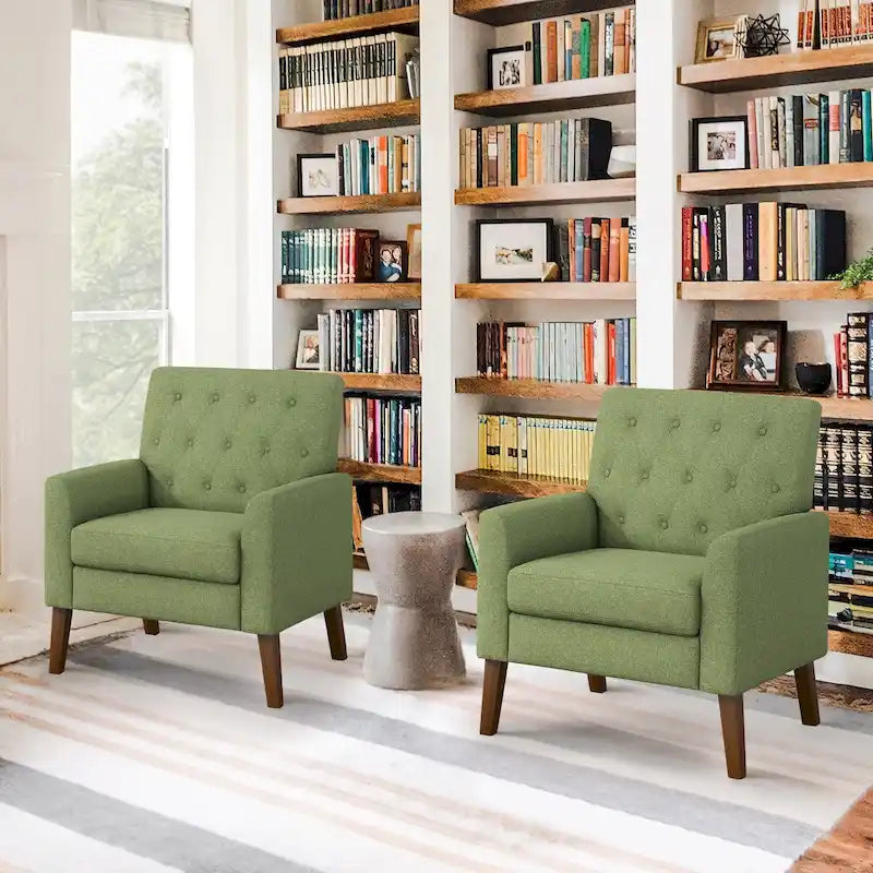 Modern Upholstered Accent Chair Linen Fabric Button Tufted Armchair with Solid Wood Frame - 28.5 W X 27.25 D X 33.75 H