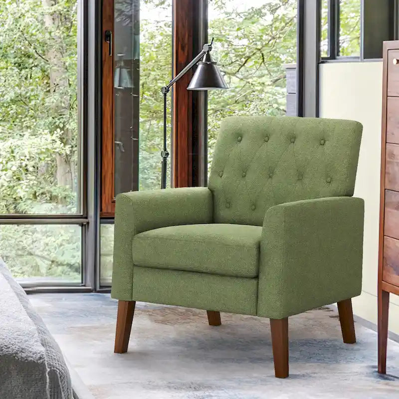 Modern Upholstered Accent Chair Linen Fabric Button Tufted Armchair with Solid Wood Frame - 28.5 W X 27.25 D X 33.75 H