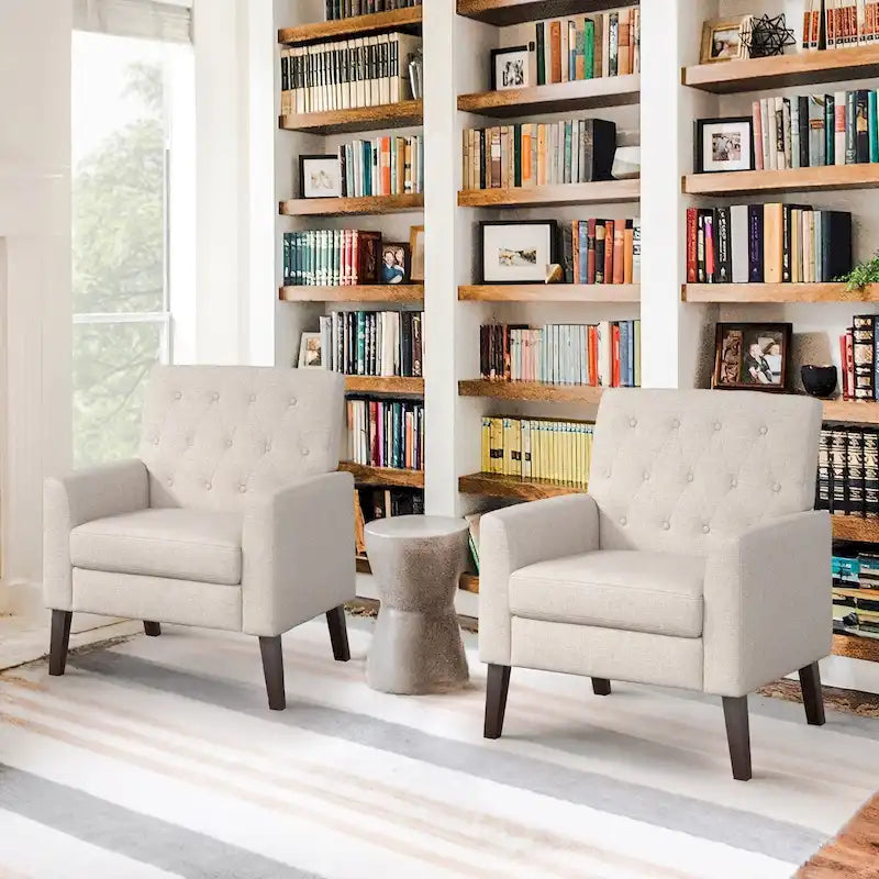 Modern Upholstered Accent Chair Linen Fabric Button Tufted Armchair with Solid Wood Frame - 28.5 W X 27.25 D X 33.75 H