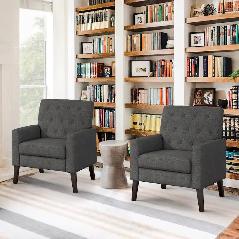 Modern Upholstered Accent Chair Linen Fabric Button Tufted Armchair with Solid Wood Frame - 28.5 W X 27.25 D X 33.75 H