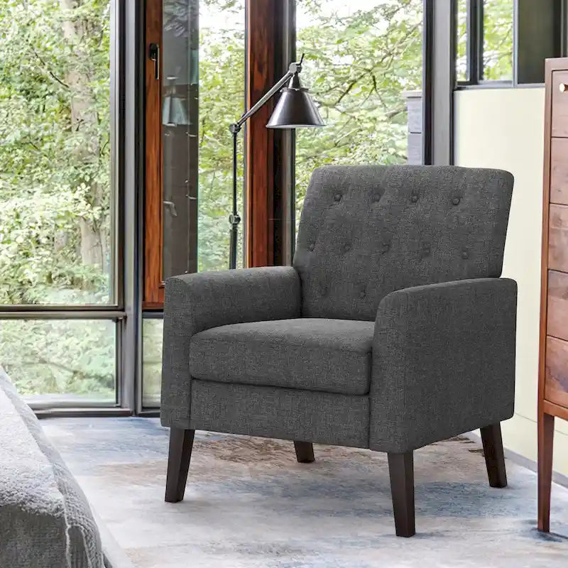 Modern Upholstered Accent Chair Linen Fabric Button Tufted Armchair with Solid Wood Frame - 28.5 W X 27.25 D X 33.75 H