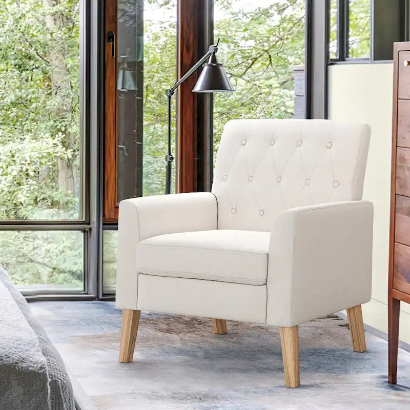  Modern Upholstered Accent Chair Linen Fabric Button Tufted Armchair with Solid Wood Frame - 28.5 W X 27.25 D X 33.75 H
