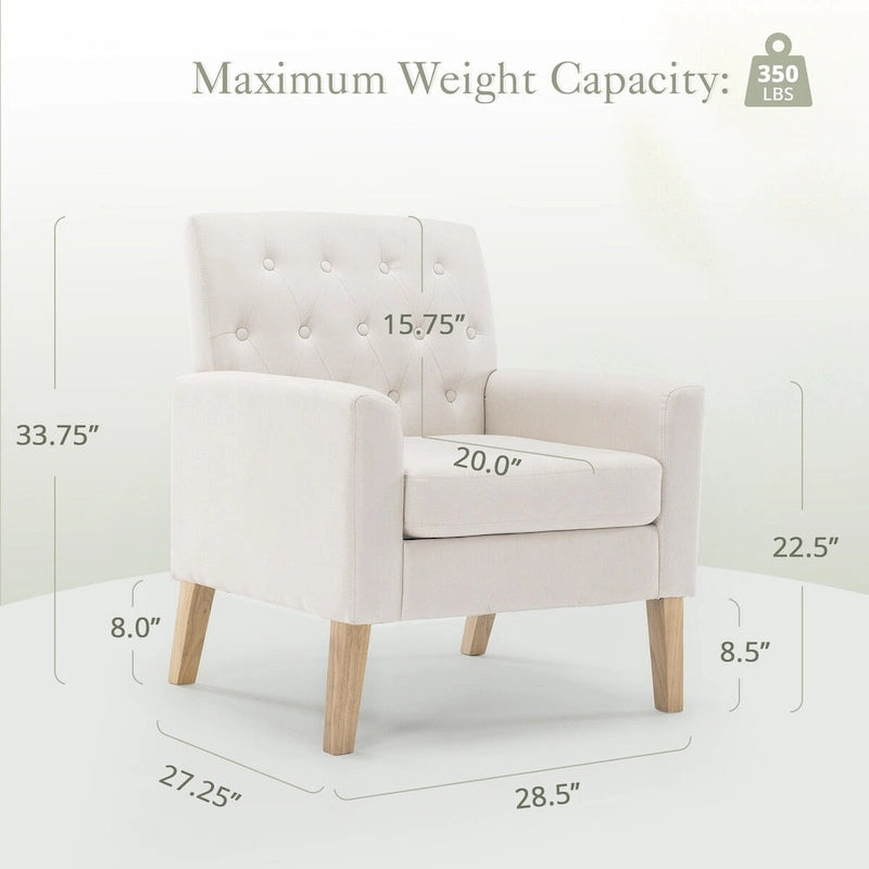 Fauteuil d'appoint rembourré moderne en tissu de lin capitonné avec cadre en bois massif - 28,5 L X 27,25 P X 33,75 H