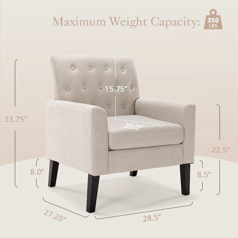 Fauteuil d'appoint rembourré moderne en tissu de lin capitonné avec cadre en bois massif - 28,5 L X 27,25 P X 33,75 H