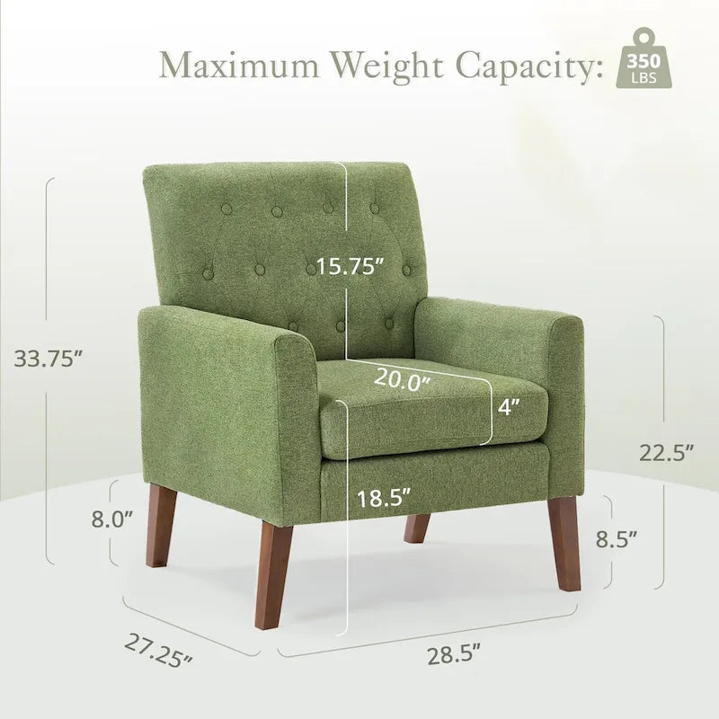 Fauteuil d'appoint rembourré moderne en tissu de lin capitonné avec cadre en bois massif - 28,5 L X 27,25 P X 33,75 H