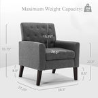 Fauteuil d'appoint rembourré moderne en tissu de lin capitonné avec cadre en bois massif - 28,5 L X 27,25 P X 33,75 H