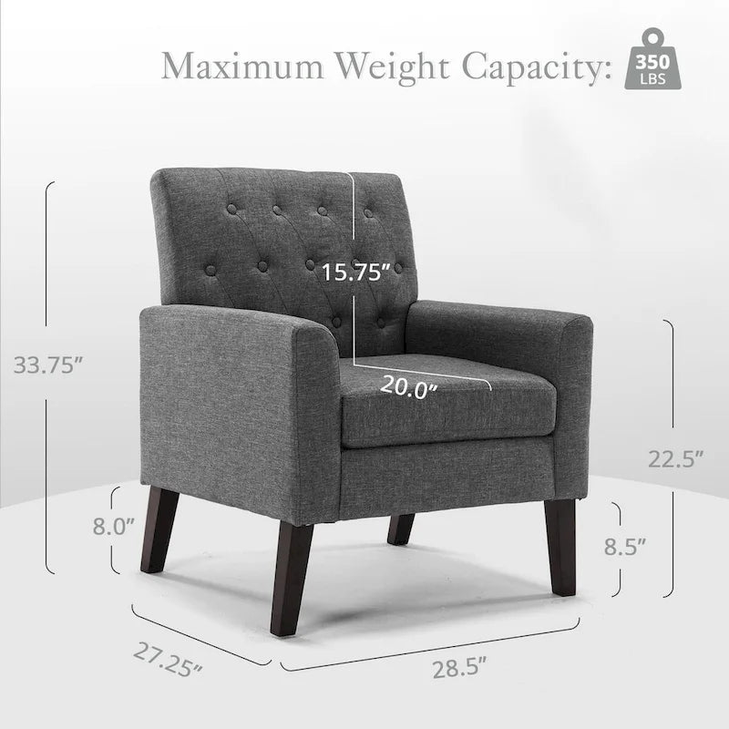 Fauteuil d'appoint rembourré moderne en tissu de lin capitonné avec cadre en bois massif - 28,5 L X 27,25 P X 33,75 H