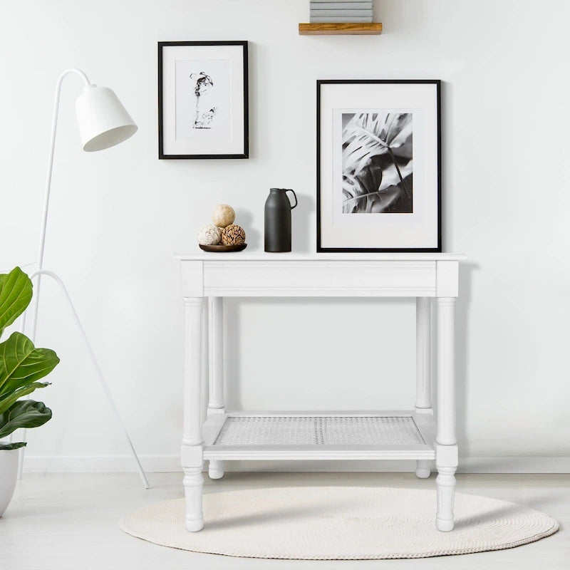 Cream Side Table with Rattan Shelf
