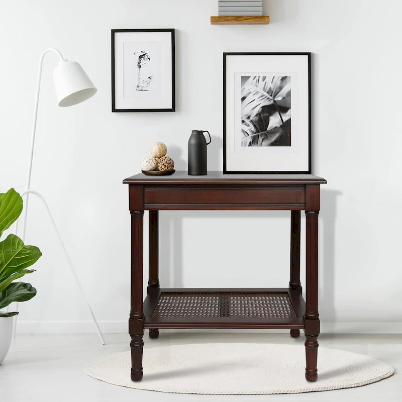 Cream Side Table with Rattan Shelf