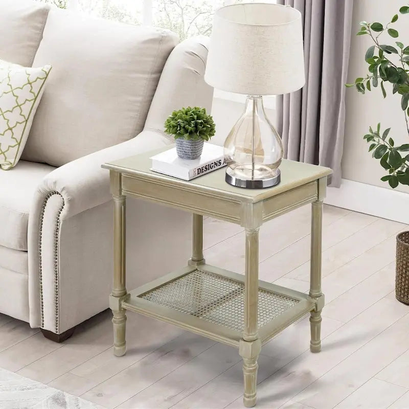 Cream Side Table with Rattan Shelf