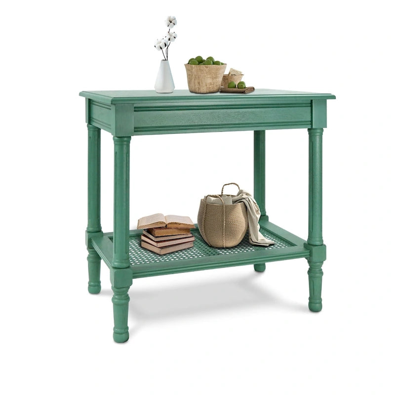 Cream Side Table with Rattan Shelf