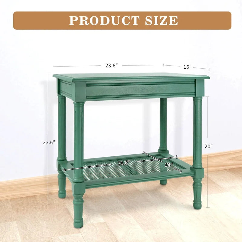 Cream Side Table with Rattan Shelf