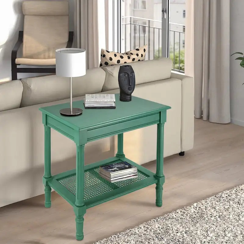 Cream Side Table with Rattan Shelf