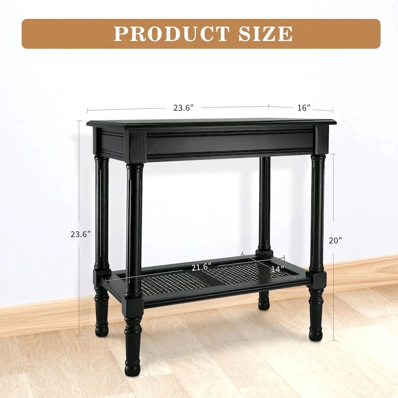 Cream Side Table with Rattan Shelf