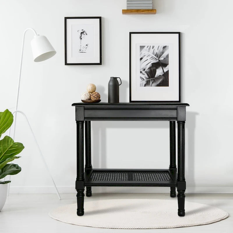 Cream Side Table with Rattan Shelf