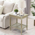 Cream Side Table with Rattan Shelf