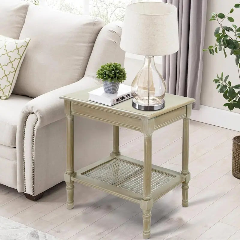 Cream Side Table with Rattan Shelf