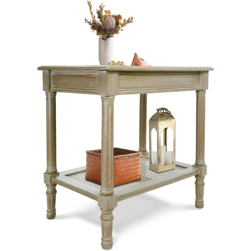 Cream Side Table with Rattan Shelf