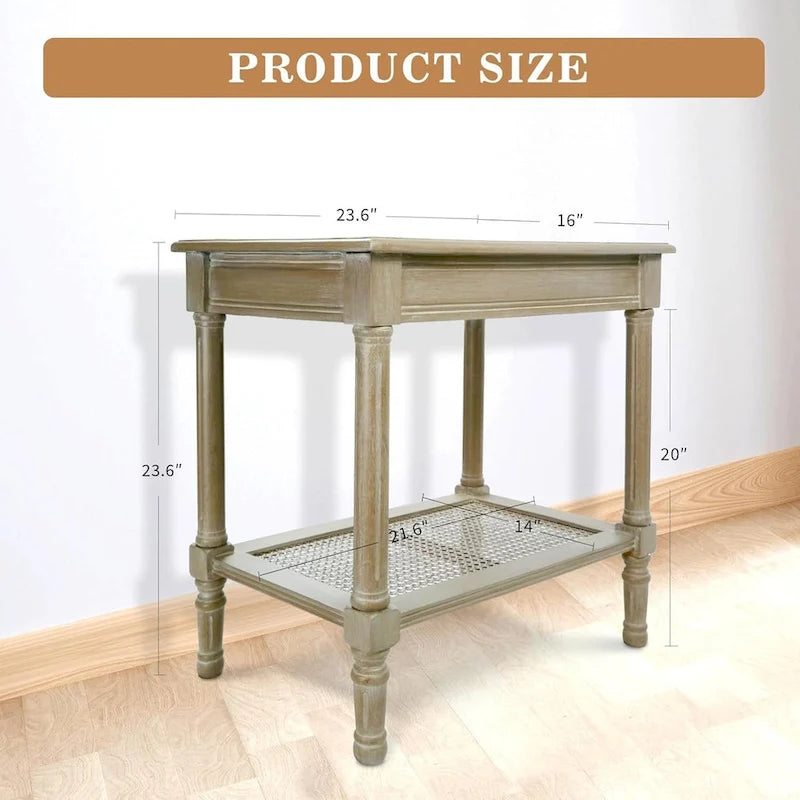 Cream Side Table with Rattan Shelf