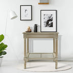 Cream Side Table with Rattan Shelf
