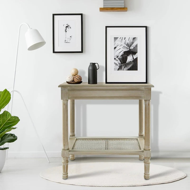 Cream Side Table with Rattan Shelf
