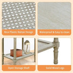 Cream Side Table with Rattan Shelf
