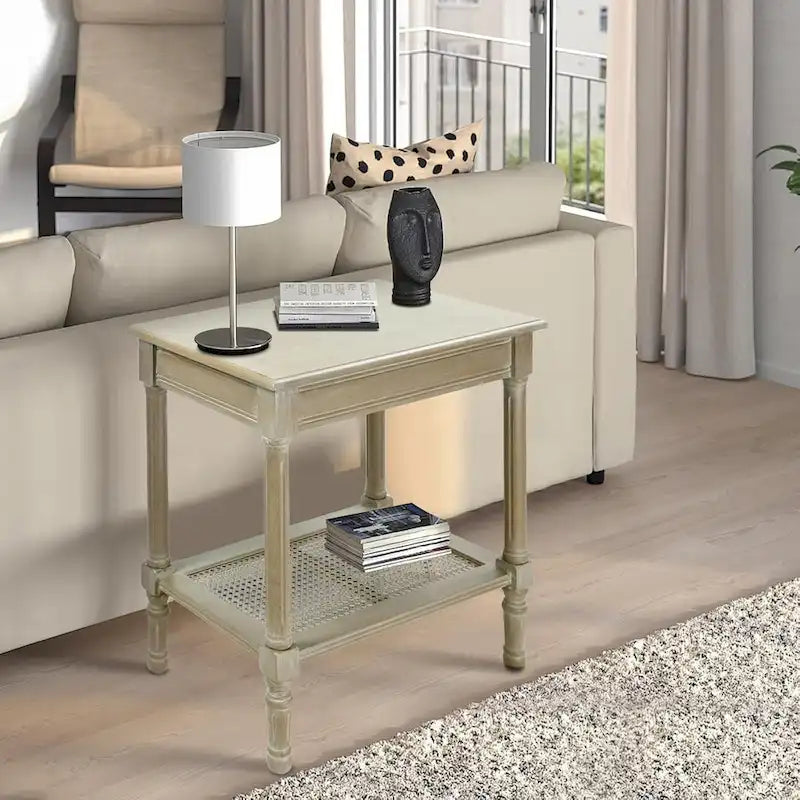 Cream Side Table with Rattan Shelf