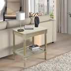 Cream Side Table with Rattan Shelf