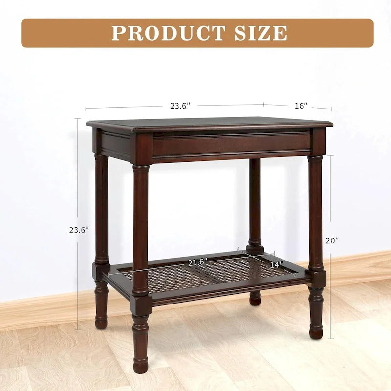 Cream Side Table with Rattan Shelf